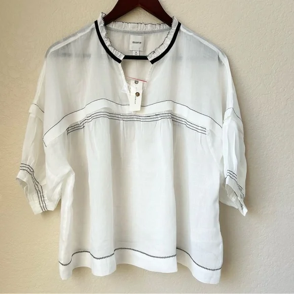 NWT Anthropology Maeve Balloon-Sleeve V-Neck Stitched Blouse Size M - Picture 4 of 8